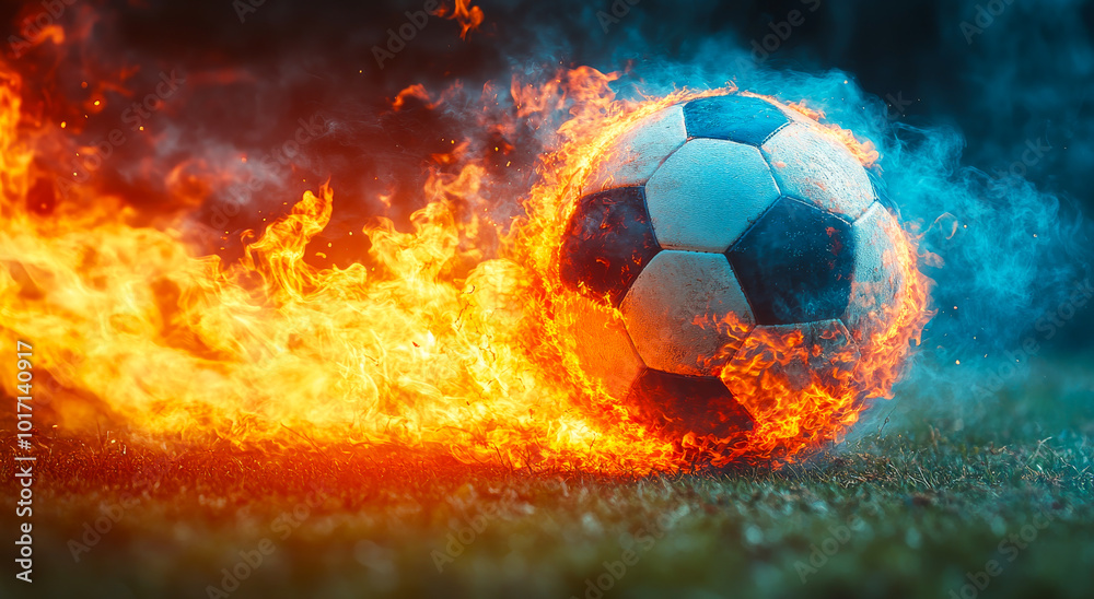 Fototapeta premium A soccer ball engulfed in flames rolls energetically over a grassy field, creating a striking visual contrast with blue smoke.