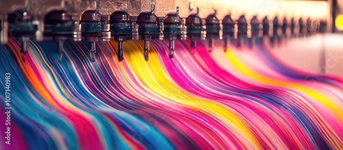 Colorful fabric being printed by machinery.