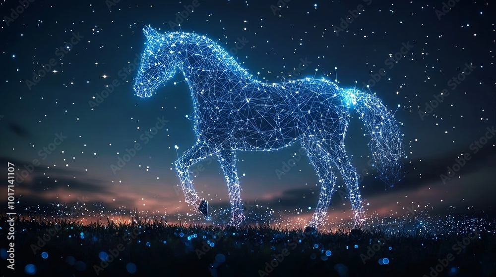 A glimmering equine figure stands prominently against a starlit cosmic expanse, demonstrating tranquility and vastness amplified by the universal firmament. A glimmering equine figure stands prominently against a starlit cosmic expanse, demonstrating tranquility and vastness amplified by the universal firmament.