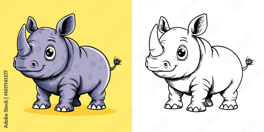 Fototapeta premium Rhinoceros Cartoon Character Coloring Page for Kids Featuring Adorable Large Mammal Outline Fun Wildlife Art Playful Horned Creature Educational Drawing Activity for Children
