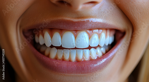 A woman displays a genuine smile, showcasing her perfectly aligned and bright white teeth, conveying happiness and confidence.