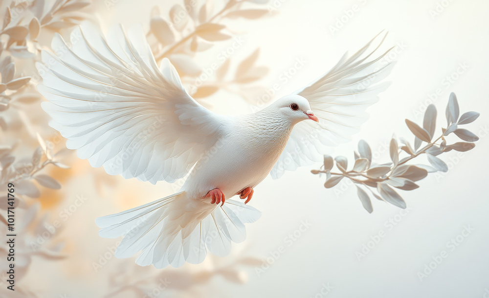 Obraz premium A white dove gracefully flies amid olive branches, symbolizing peace and hope in the warm light of early morning.