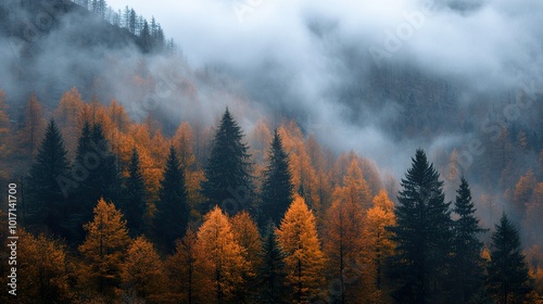 Misty Autumn Forest: Golden Leaves and Pine Trees