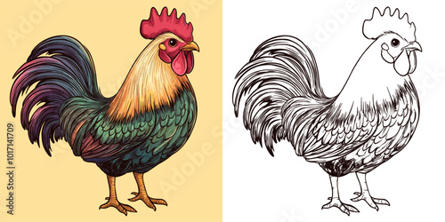 Rooster Cartoon Character Coloring Page Design Featuring Adorable Farm Bird Outline Fun Wildlife Art Playful Colorful Creature Creative and Relaxing Drawing Activity for All Ages