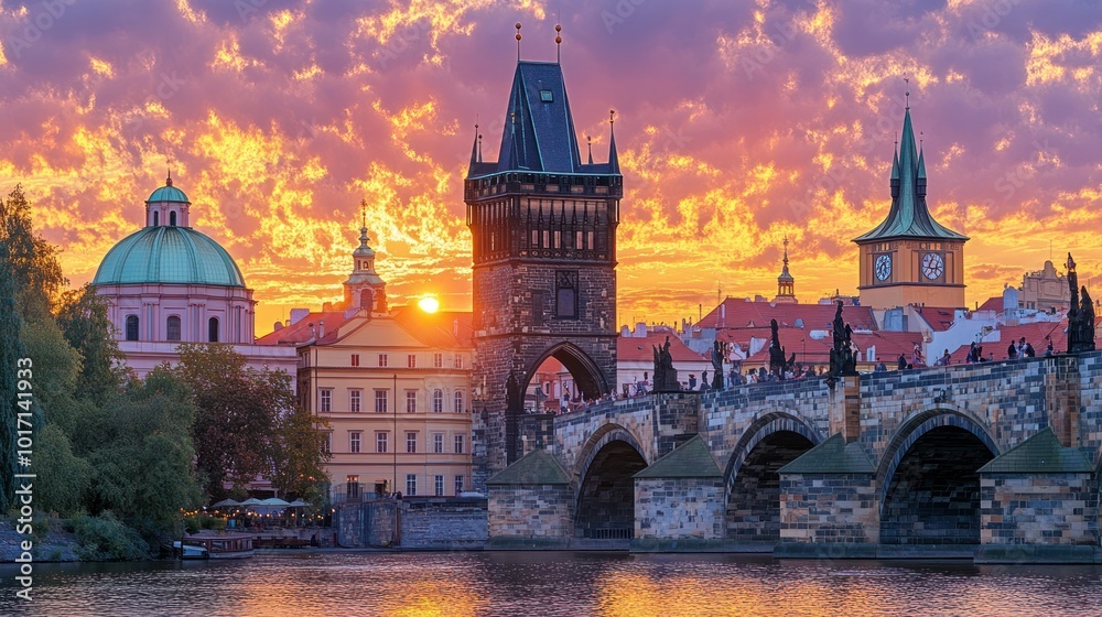 Obraz premium Sunset Over Charles Bridge and Prague Skyline