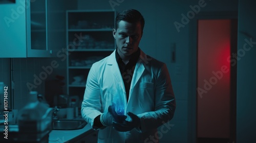A scientist in a lab coat holds a glowing orb in a dimly lit room.
