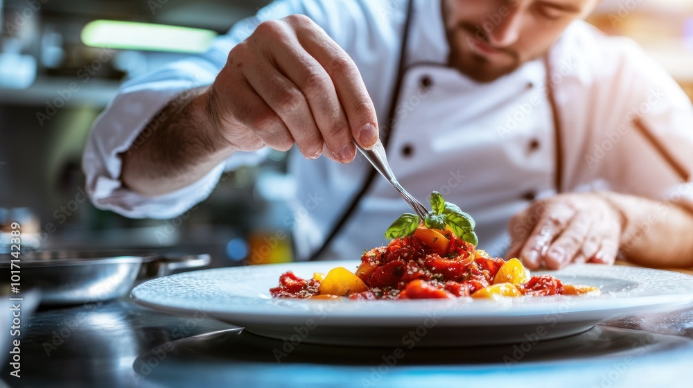Chef Finishing a Dish of Tomatoes and Basil Chef Finishing a Dish of Tomatoes and Basil