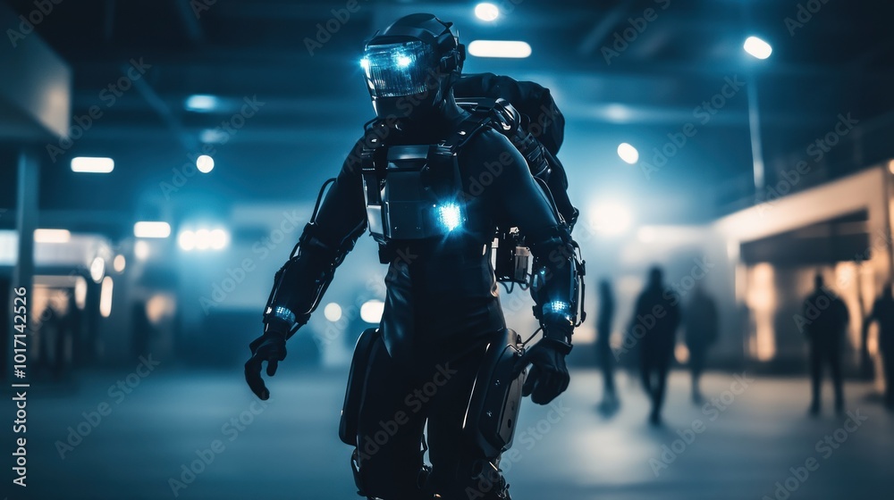 Futuristic Cyborg Walking Through a City at Night Futuristic Cyborg Walking Through a City at Night