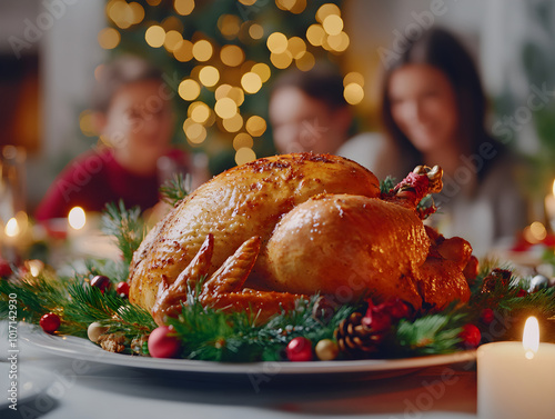 Family praying before dinner is sitting at Decorated table roasted turkey or chiken in sauce with rosemary. Holiday celebration dinner Christmas or Thanksgiving. photo