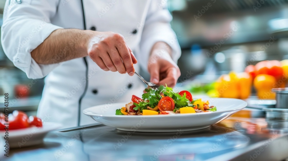 Chef Finishing a Colorful Salad Dish in a Restaurant Kitchen Chef Finishing a Colorful Salad Dish in a Restaurant Kitchen
