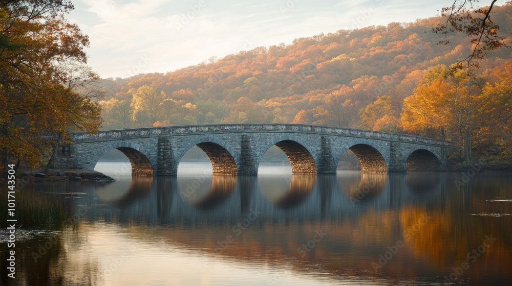 Fototapeta premium Stone Arch Bridge Reflecting in a Still Lake Surrounded by Fall Foliage