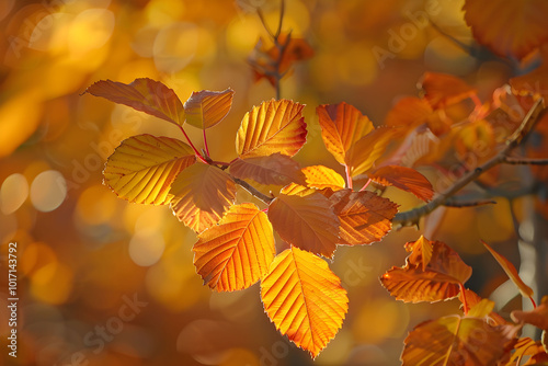 Close-up of golden leaves on a branch on a blurred background. Natural autumn background.