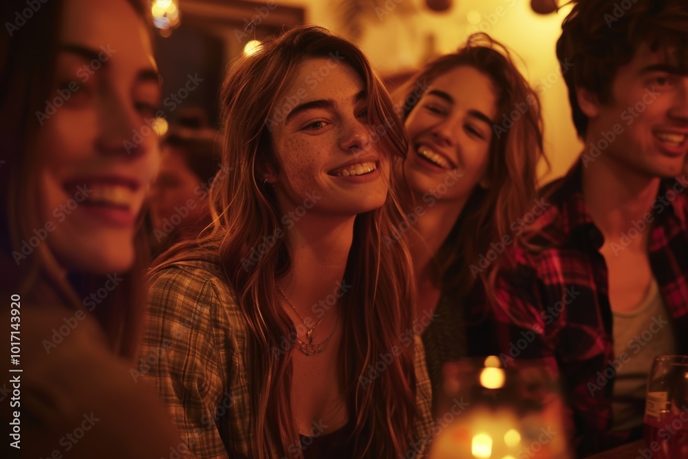 Group of friends sitting in a bar and having fun. Focus on the girl Group of friends sitting in a bar and having fun. Focus on the girl