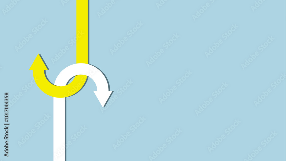 Yellow and white arrows intersecting in opposite directions on a solid blue background. One arrow goes down and spins up, while the other goes up and spins down. Yellow and white arrows intersecting in opposite directions on a solid blue background. One arrow goes down and spins up, while the other goes up and spins down.
