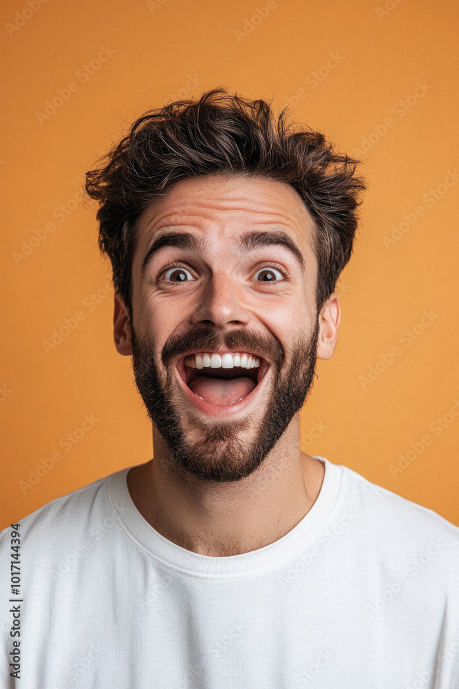 A man with a big smile on his face. He is wearing a white shirt and has a beard