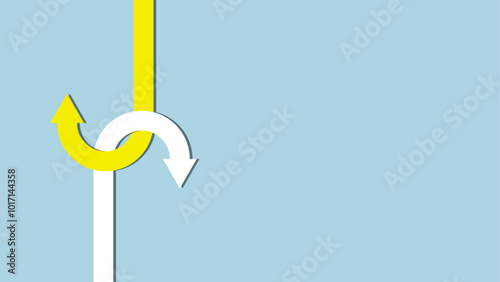 Yellow and white arrows intersecting in opposite directions on a solid blue background. One arrow goes down and spins up, while the other goes up and spins down.