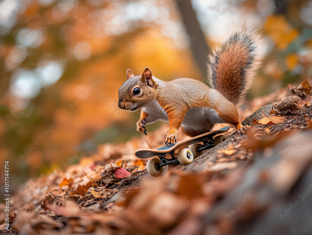 Squirrel Skateboarding Through Autumn Leaves Squirrel Skateboarding Through Autumn Leaves