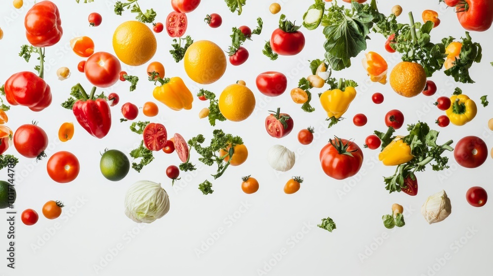 Vibrant array of fresh produce suspended in the air against a pristine white backdrop. Vibrant array of fresh produce suspended in the air against a pristine white backdrop.