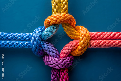 Close-up of a multicolored rope tied in a knot on a bright blue background