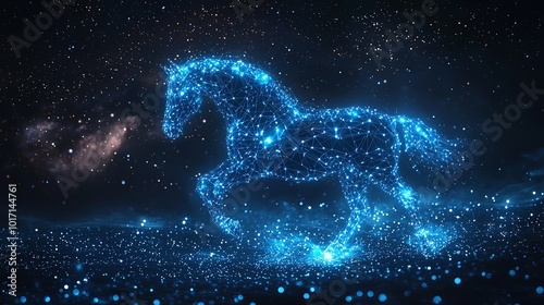 A captivating horse made of luminous blue particles appears in a cosmic environment, evoking thoughts of balance and creativity through digital artistry.