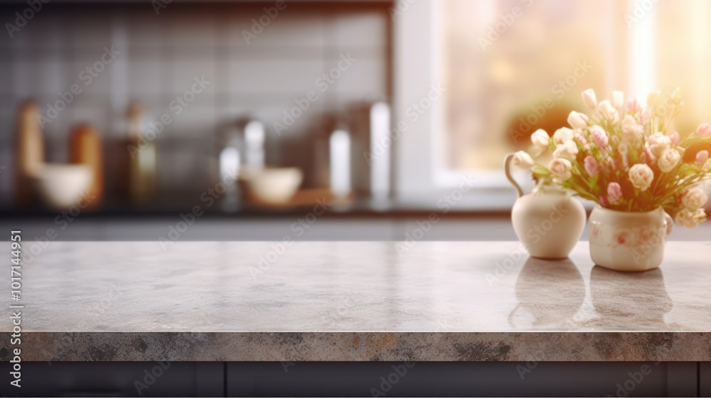 Blurry white kitchen interior with sunlight on empty wooden table top concept blurred white kitchen Blurry white kitchen interior with sunlight on empty wooden table top concept blurred white kitchen