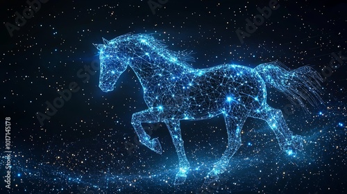 A mystical horse appearing from star-like connections, representing dreams and imagination, set against a vast starry night in a futuristic digital style.