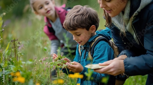 Children learning to identify plants in a nature reserve, with a guide explaining each species