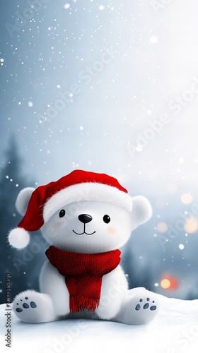 A white teddy bear wearing a Santa hat and scarf sits in the snow, surrounded by a soft, snowy backdrop.