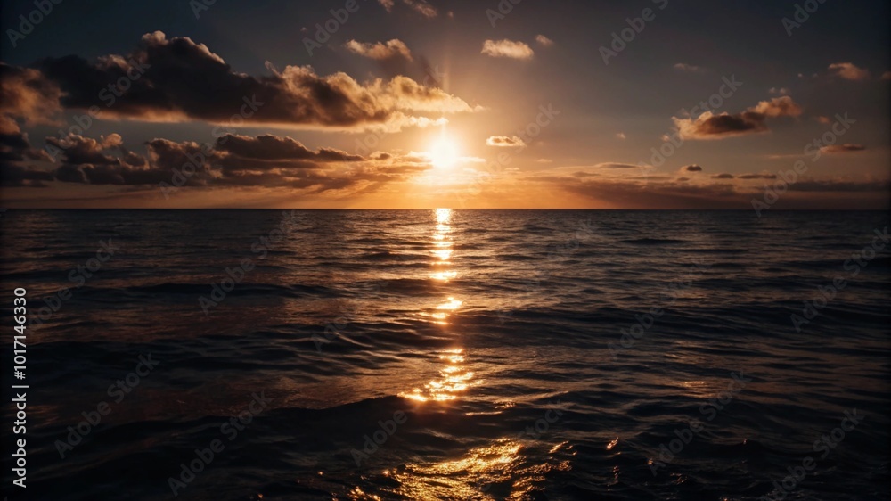Obraz premium Sunset over ocean with golden reflection and tranquil seascape.