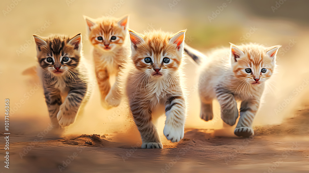 Four kittens are running on a wooden floor. Four kittens are running on a wooden floor.