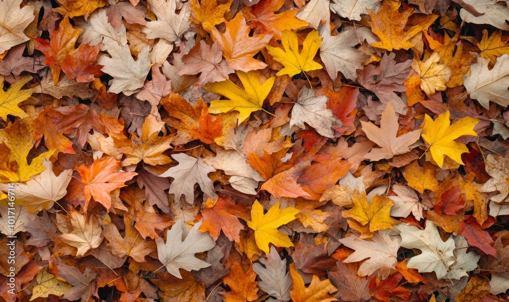 A pile of colorful fallen autumn oak and maple leaves