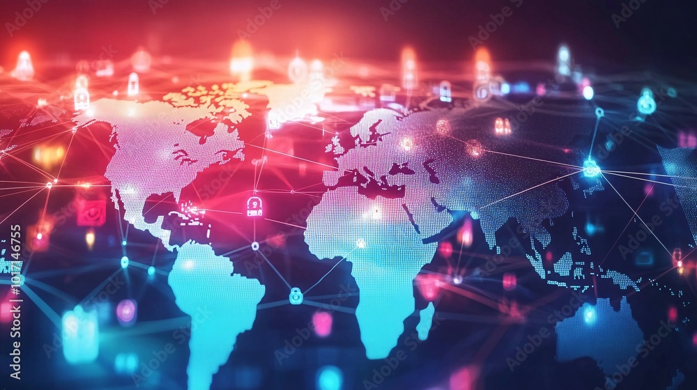 Obraz premium Global Network Map with Illuminated Continents and Security Icons
