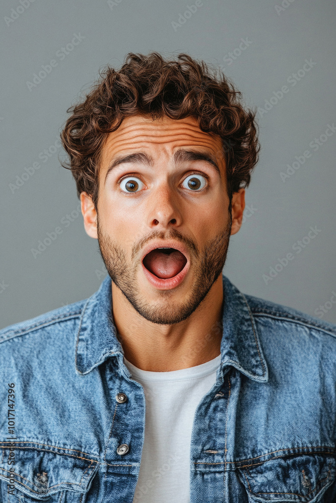 A man with a surprised expression on his face is wearing a blue jacket. The jacket is made of denim and has a white collar. The man's facial expression A man with a surprised expression on his face is wearing a blue jacket. The jacket is made of denim and has a white collar. The man's facial expression