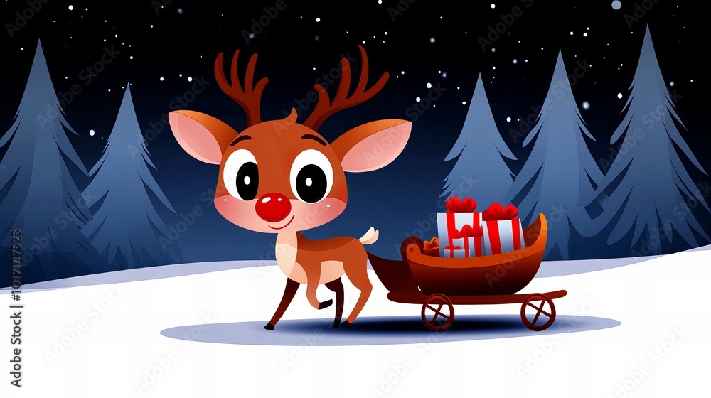 Fototapeta premium A cute cartoon reindeer pulls a sleigh full of presents through a snowy forest. The reindeer is excited about the festive season and the joy it brings.
