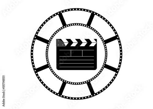 Clapper board, round 35mm film reel vector design isolated on white. 3d filmstrip movie production icon illustration to use for motion picture, television, cinema, film project.