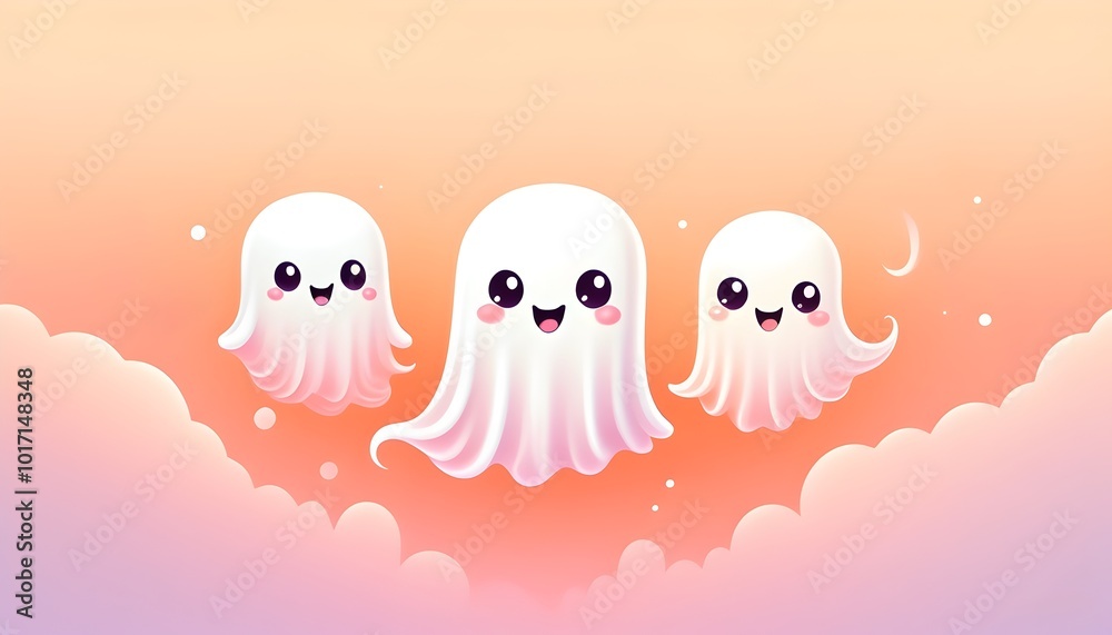 Obraz premium three cheerful ghosts with funny faces floating on pastel shades