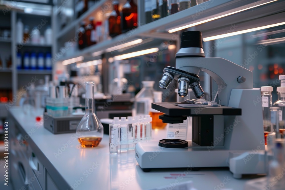 A well-equipped laboratory features a microscope, glass beakers, and organized equipment, reflecting a busy day of scientific research. Generative AI A well-equipped laboratory features a microscope, glass beakers, and organized equipment, reflecting a busy day of scientific research. Generative AI