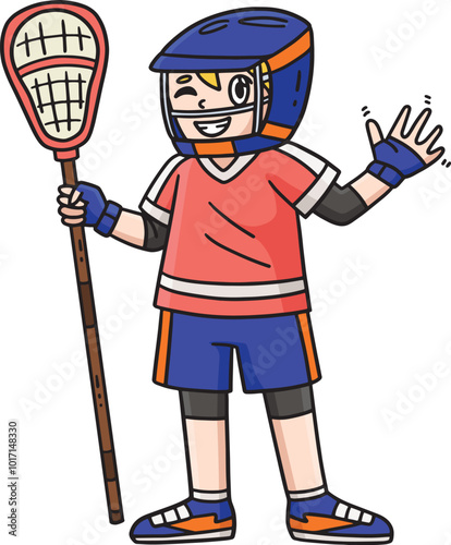 Lacrosse Player Waving Cartoon Colored Clipart
