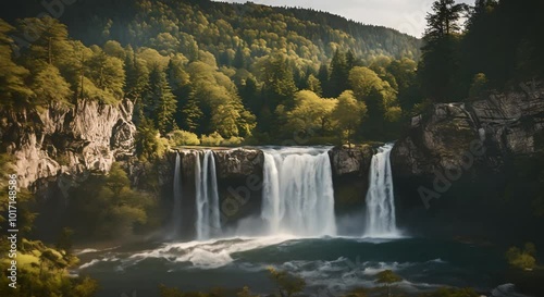 A landscape with waterfalls surrounded by forest and hilld photo