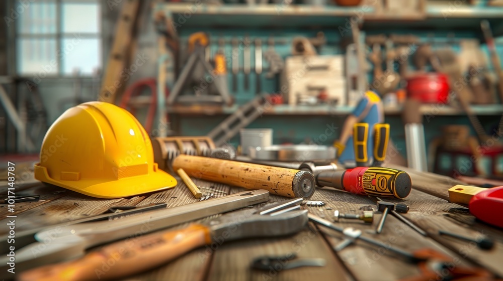 Fototapeta premium A repair team uses various tools and materials at a busy construction site filled with equipment and supplies. Generative AI