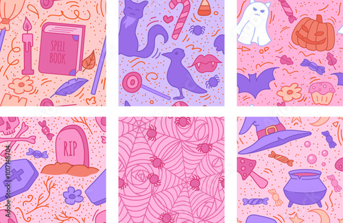 Set of cute pink halooween seamless patterns. Stock Vector Illustration in Cartoon Style with Outline.