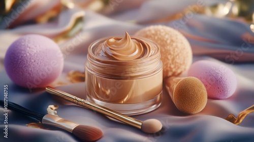 A luxurious jar of cream foundation accompanied by artistic foundation brushes and vibrant beauty sponges
