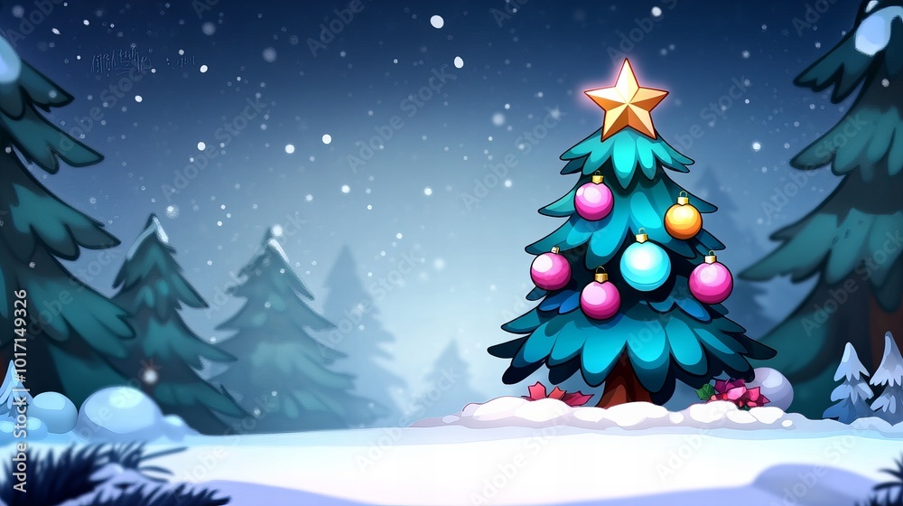 A brightly decorated Christmas tree stands tall in a snowy forest, a golden star gleaming at the top. A brightly decorated Christmas tree stands tall in a snowy forest, a golden star gleaming at the top.
