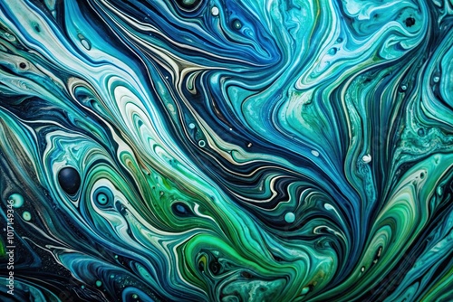 Background liquid paint marbling effect in black blue green and white Forced Perspective