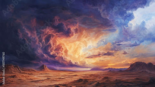 Thunderstorm in a Desert Oil Painting on Canvas Featuring Dramatic Sky Dark Storm Clouds Flashing Lightning Arid Landscape Dynamic Nature Scene Powerful Elements Creative Striking