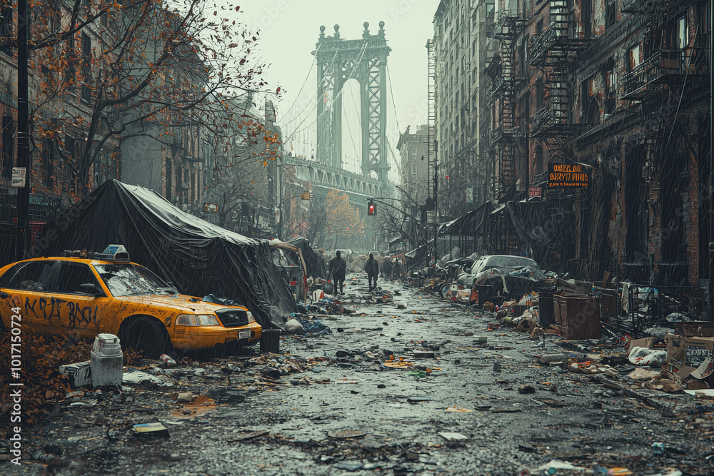 A homeless encampment in a major city, representing the social fallout of economic and political collapse. Concept of social collapse.