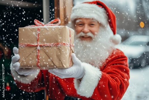 A joyful Santa Claus dressed in his classic red suit and white fur trim is seen holding a beautifully wrapped gift box with a ribbon, ready to deliver holiday cheer.  photo