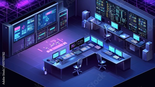 A high-tech control room featuring multiple computer screens, data displays, and a futuristic design, illuminated with purple hues.