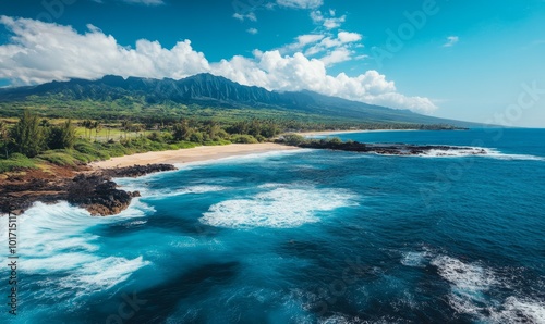 Aerial view of waves crashing on a rocky coastline in front of sandy beach and distant mountain