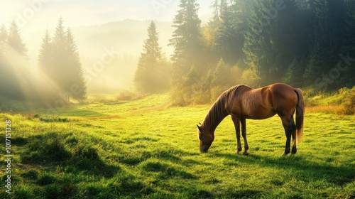 A lone brown horse grazing in a misty meadow bathed in golden sunlight photo